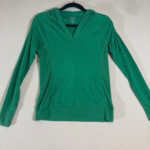 OLD NAVY Y2K Top Women's Sz M Green Hood Long Sleeve Pullover V-Neck Slim Pocket
